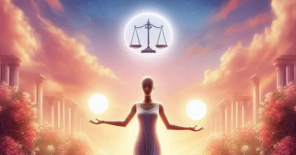 Signe astrologique Balance, représentant une femme équilibrant deux sphères lumineuses sous le symbole de la Balance