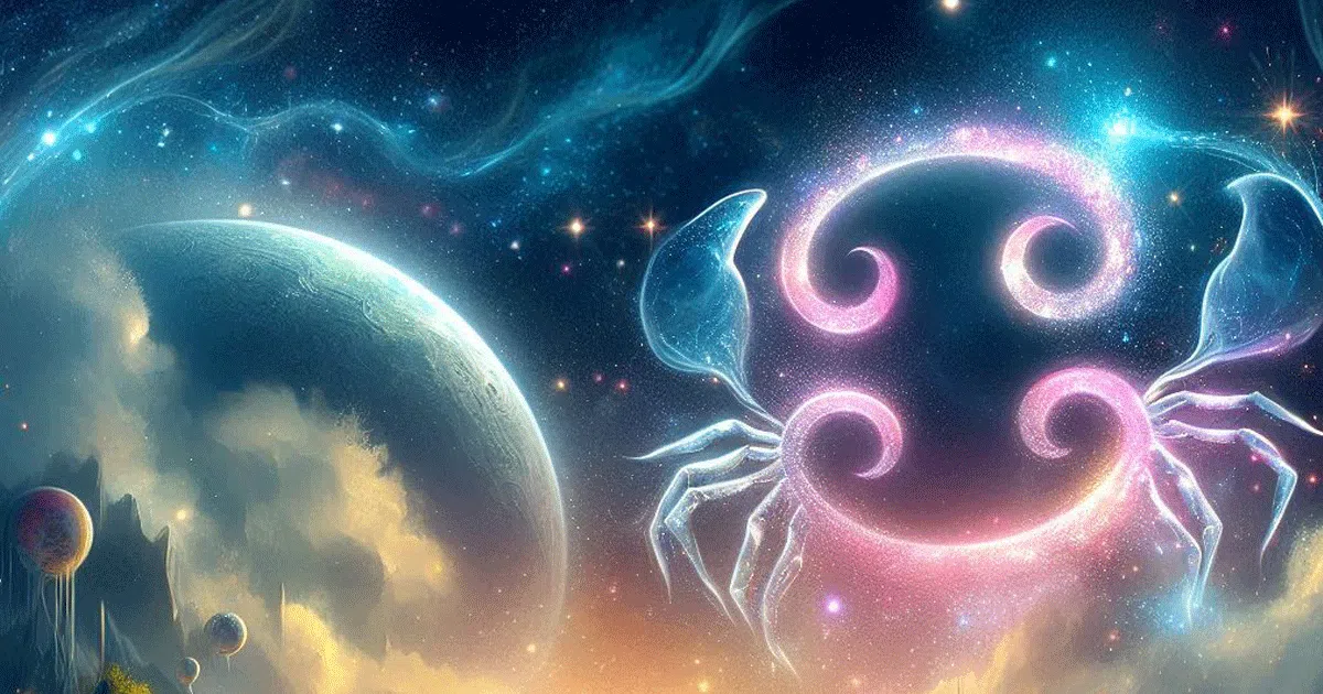 Signe astrologique Cancer, représentant un crabe cosmique sous un ciel étoilé, entouré d'une lueur mystérieuse