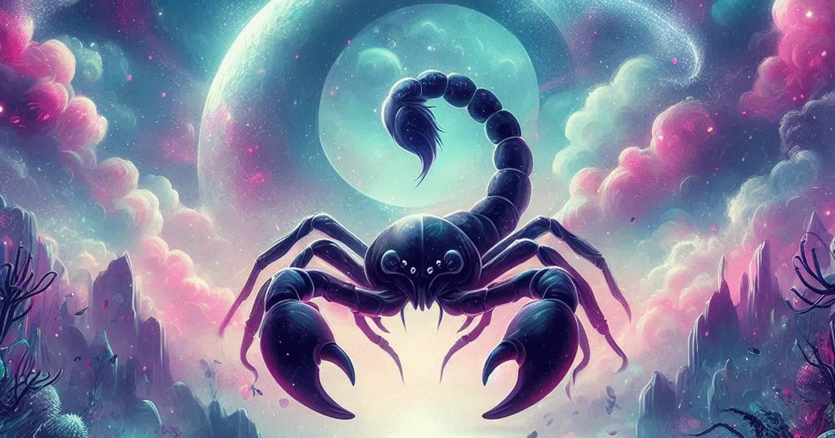 Signe astrologique Scorpion, mettant en scène un scorpion majestueux dans un paysage onirique aux teintes pastel, avec des nuages et des éléments célestes en arrière-plan